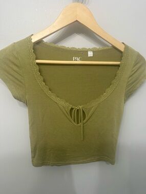 PacSun Olive Green Lace-Trim Tie-Front Crop Tee